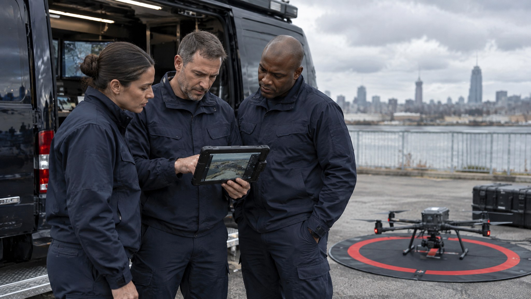 Public safety drone team reviewing live thermal drone video at a mobile command post
